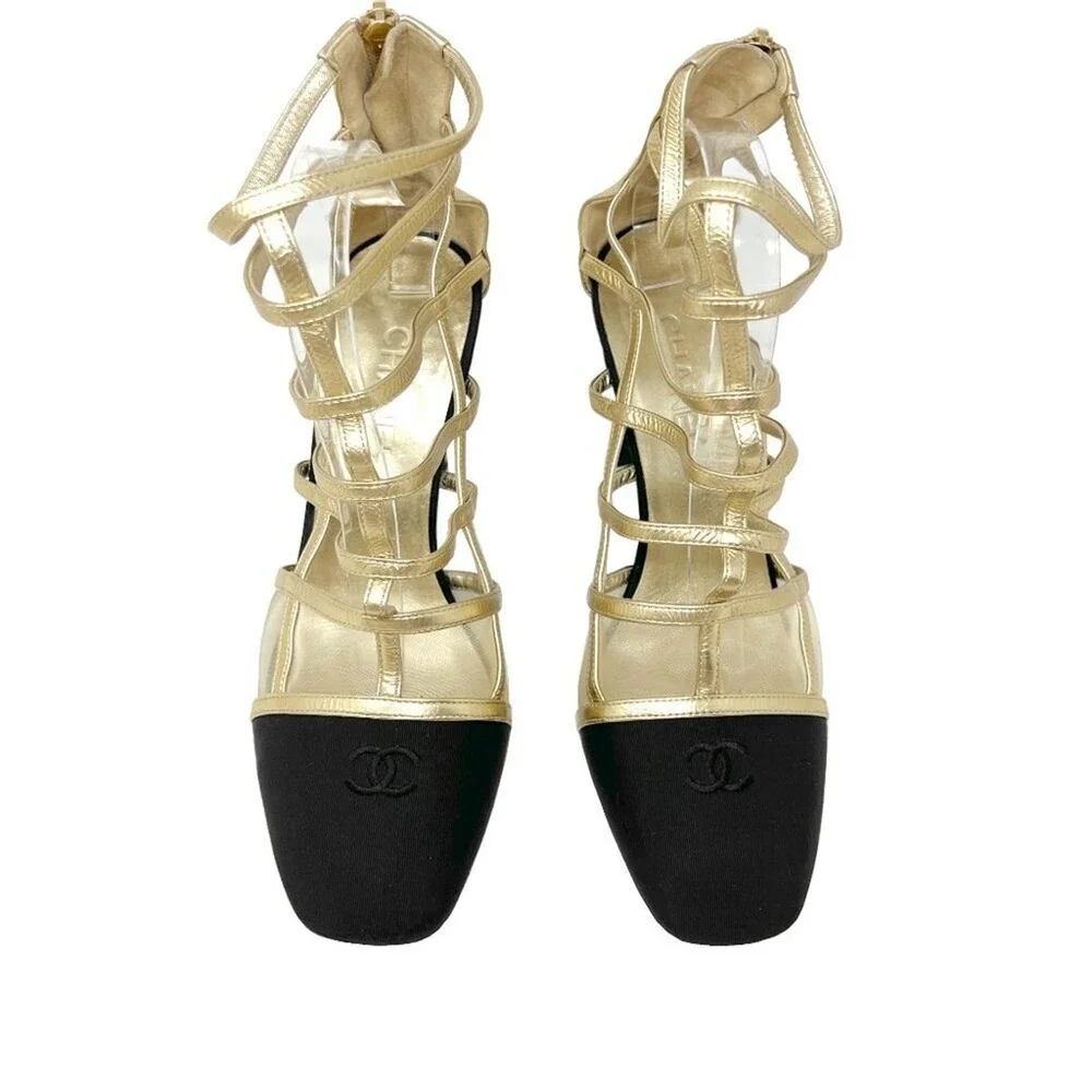 Chanel Black Gold Strappy‎ Heels CC Cap Toe Sandals Pumps Size 42